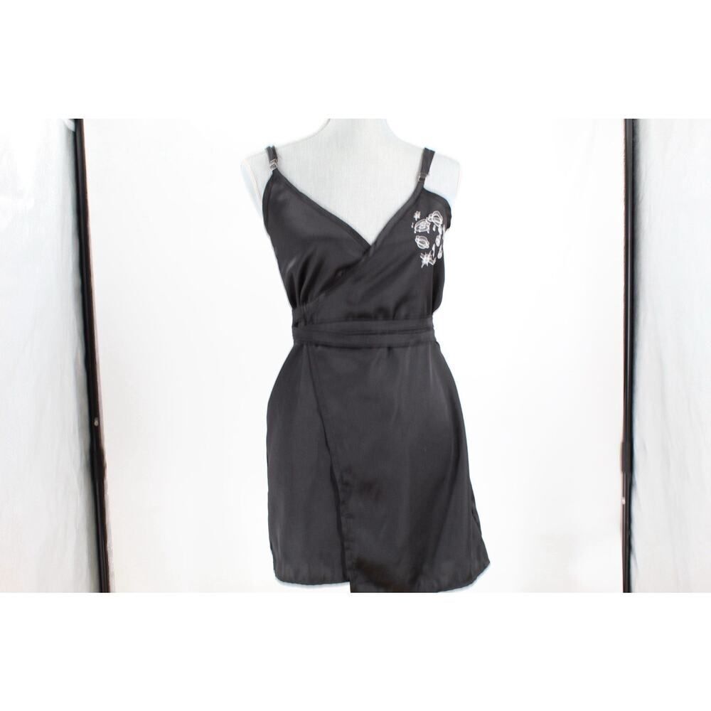 O Mighty Black Wrap Lingerie Babydoll Mini Dress Womens Size M Planets Solar